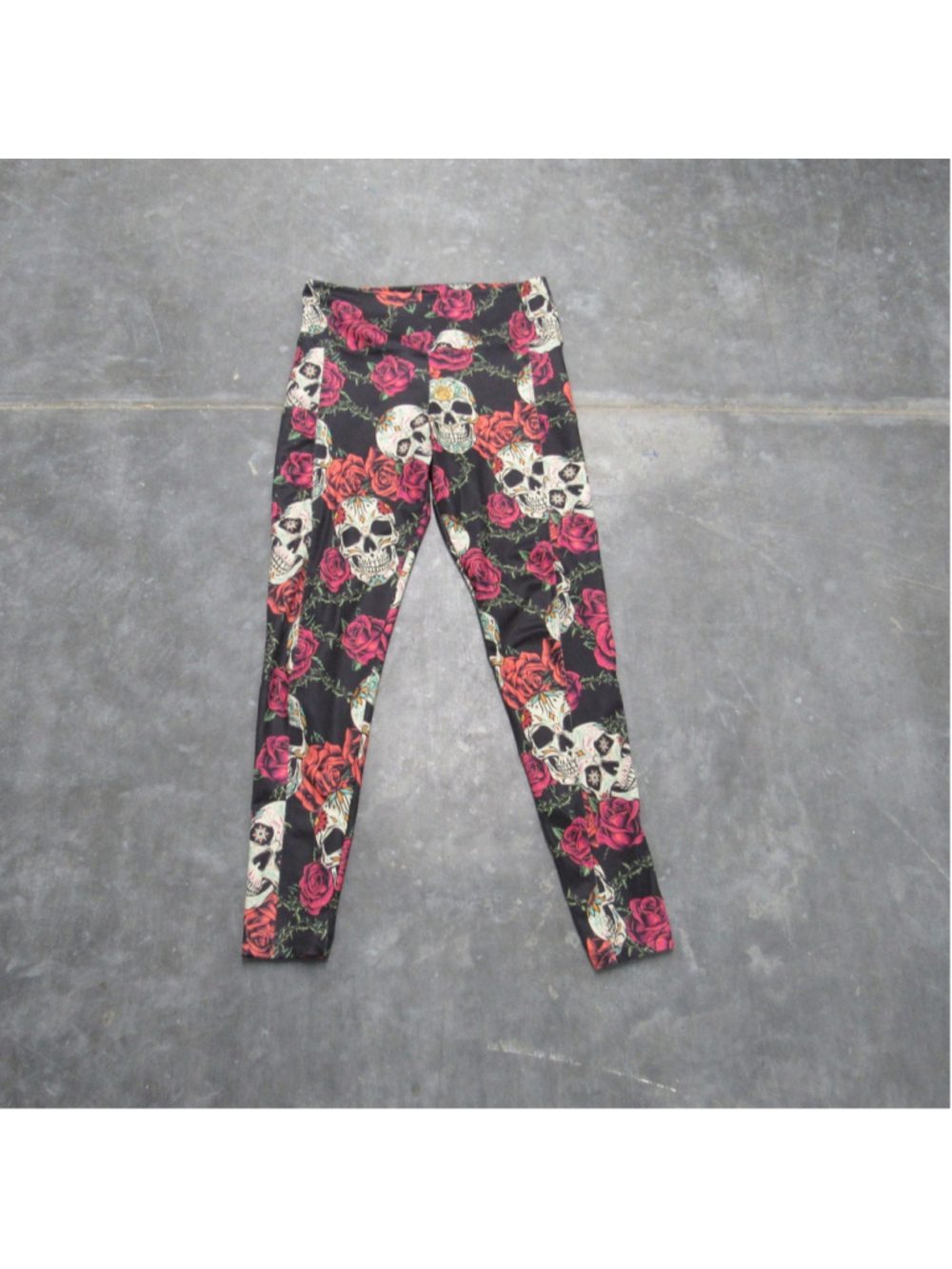 CM Fashion Skull and Rose Floral Leggings Black S/M